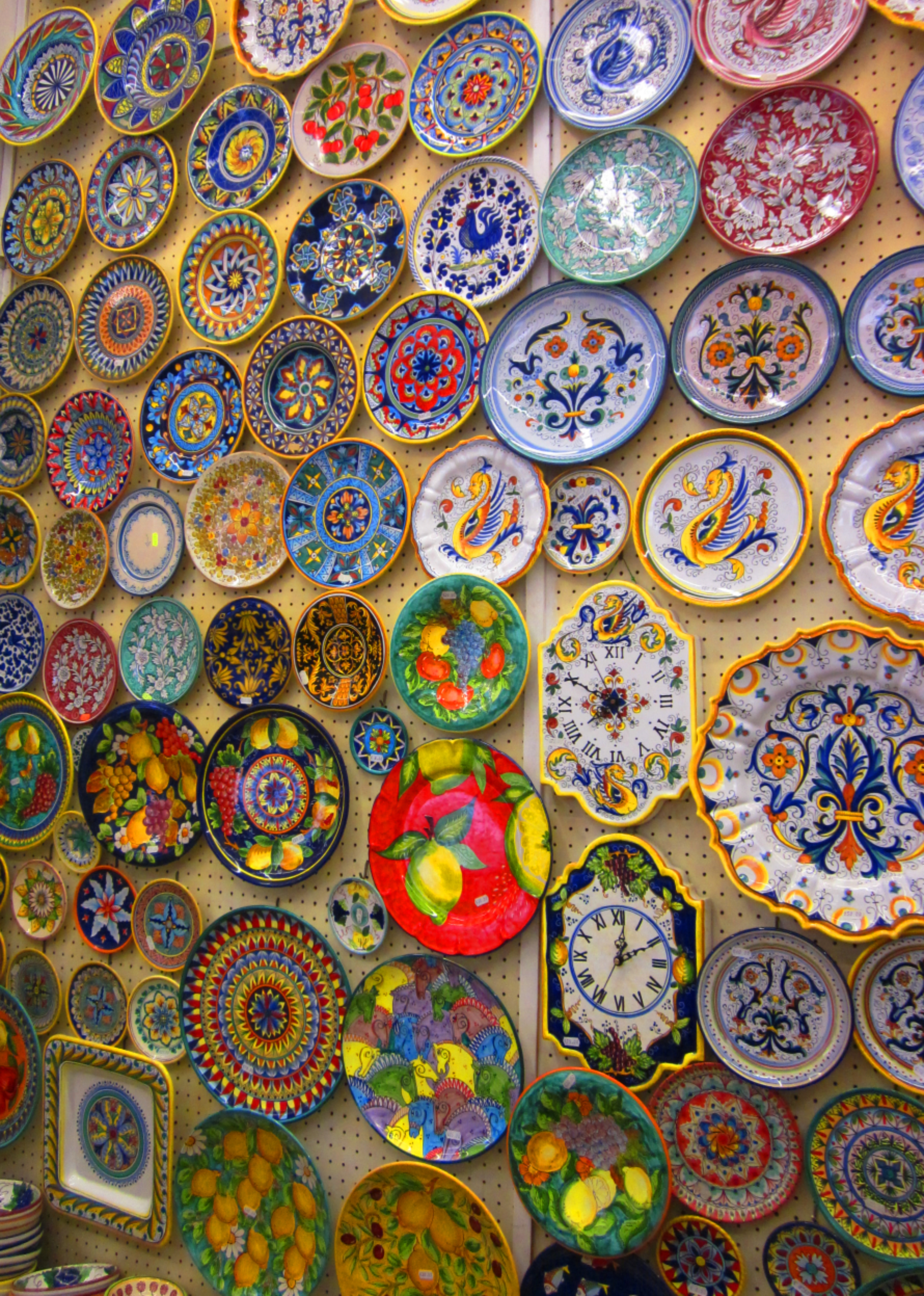 A colourful wall of plates