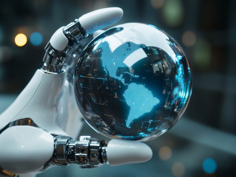 A robot hand holds a digital globe
