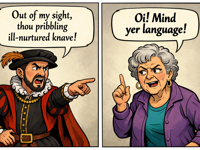 Cartoon of wordplay between a sixteenth century man and a modern woman