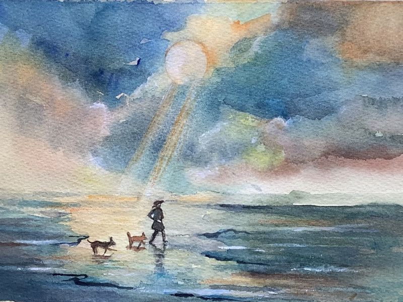 painting of person walking across beach with two dogs