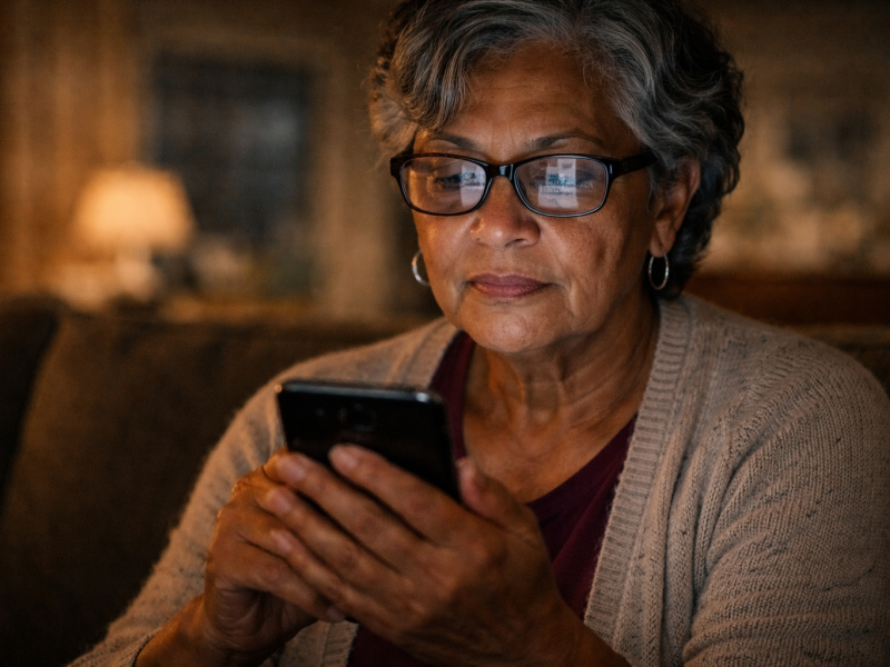 A woman reads the headlines on her phone